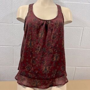 Blue Notes, rusty, red floral, sheer sleeveless top